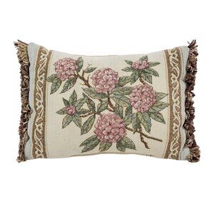 Floral Tapestry Chenille Throw Pillow Fringe Rectangular Beige Pink Hydrangea